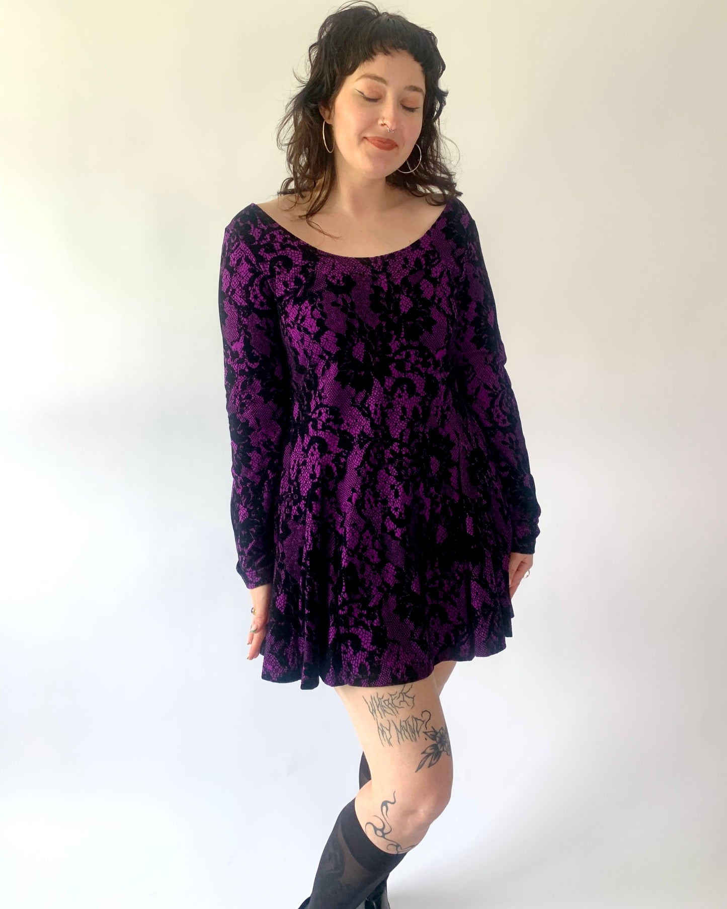 Y2K Betsey Johnson Flocked Lace Purple Mini Dress