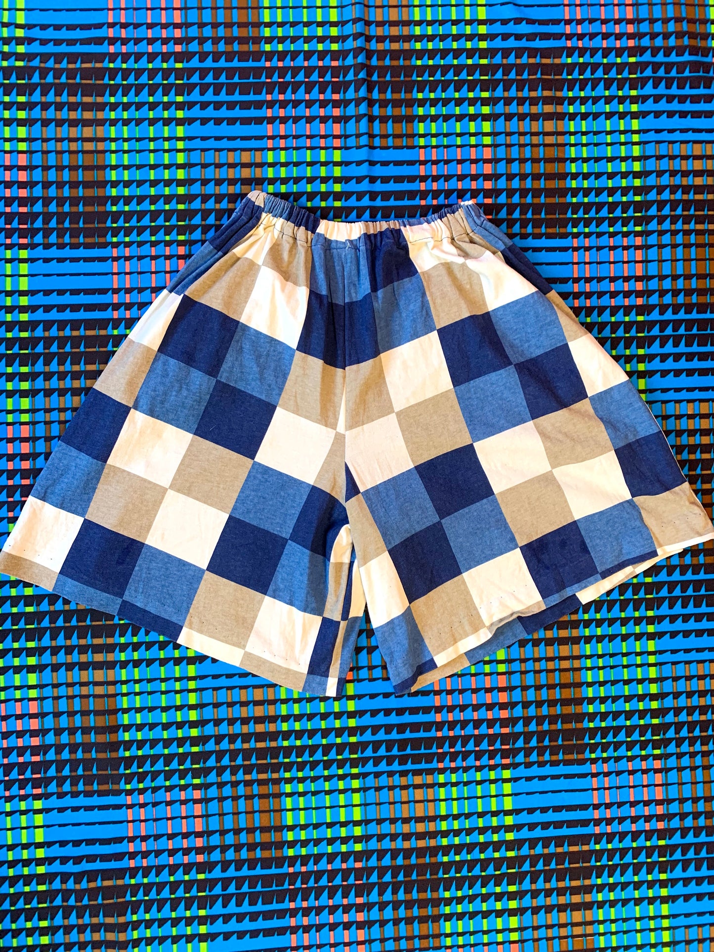 Khaki and Blue Square Print Jersey Shorts