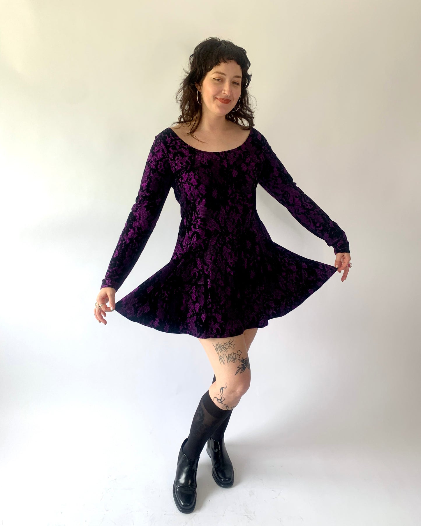 Y2K Betsey Johnson Flocked Lace Purple Mini Dress