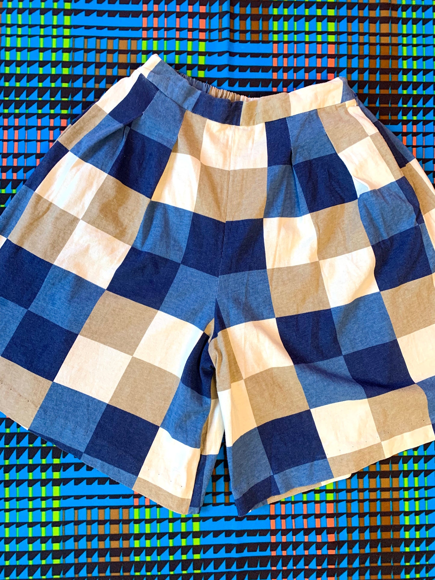 Khaki and Blue Square Print Jersey Shorts