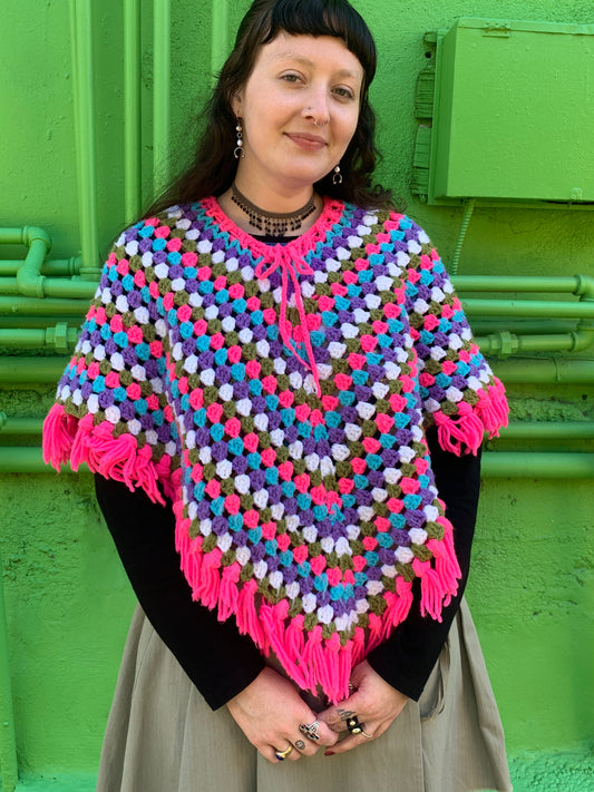 Hand Knit Candy Colored 70's Poncho